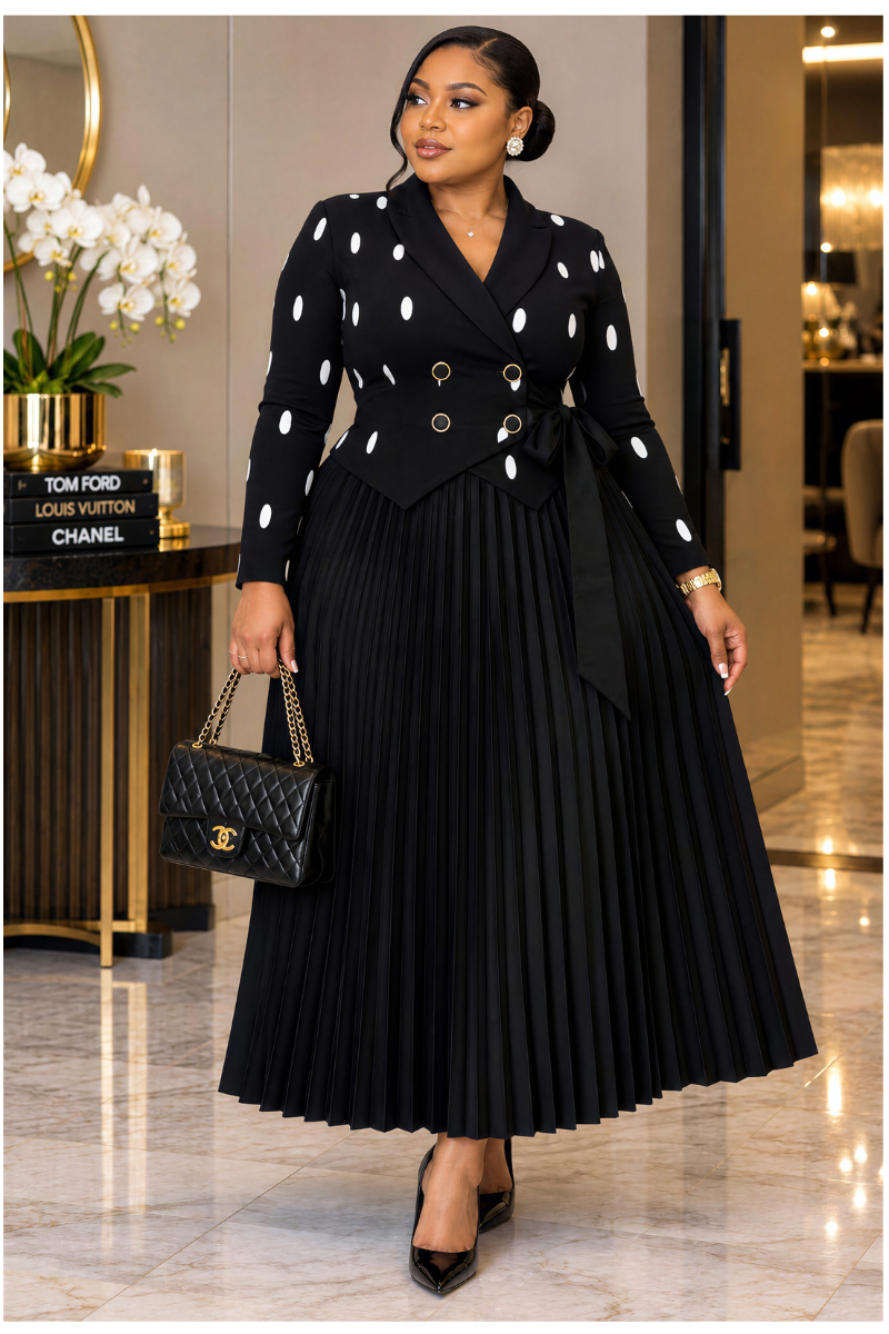 NIA LUXE POLKA DOT BLAZER & PLEATED SKIRT SET