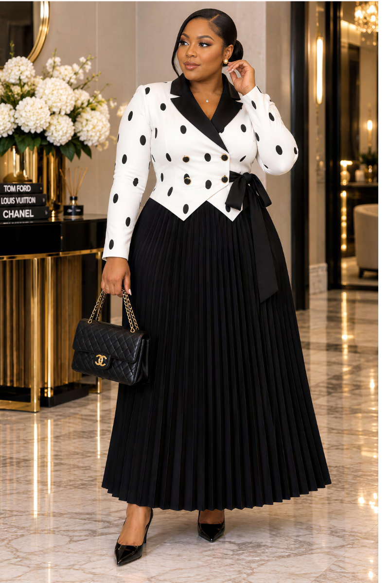 NIA LUXE POLKA DOT BLAZER & PLEATED SKIRT SET