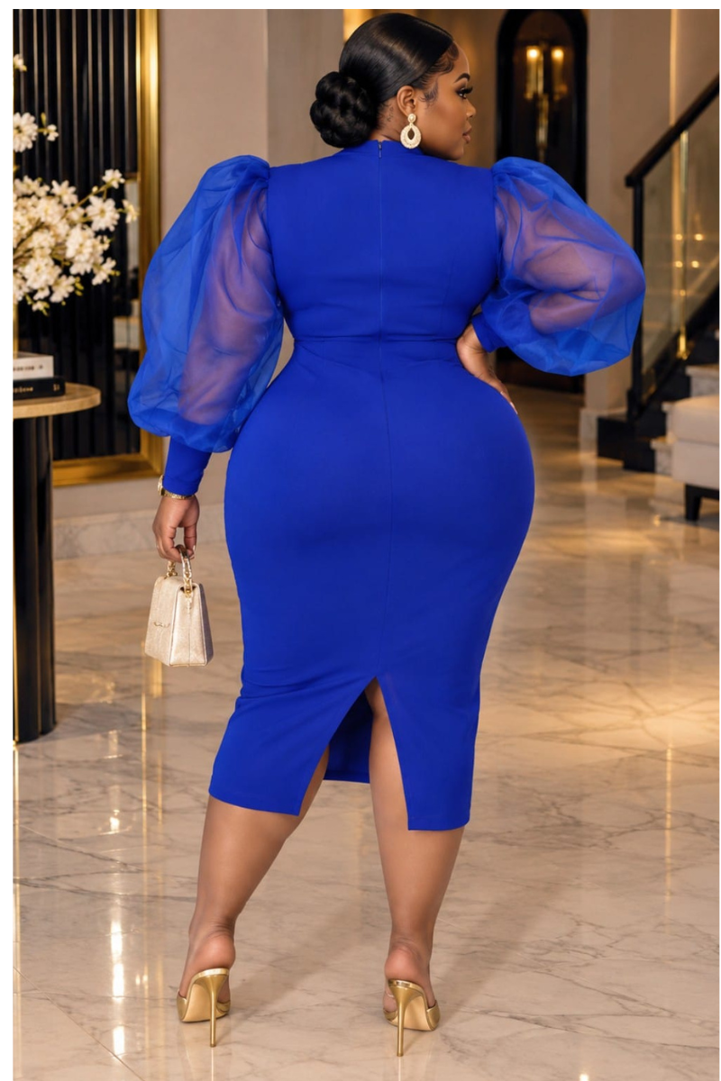 BEBE LUXE PUFF SLEEVE MIDI DRESS