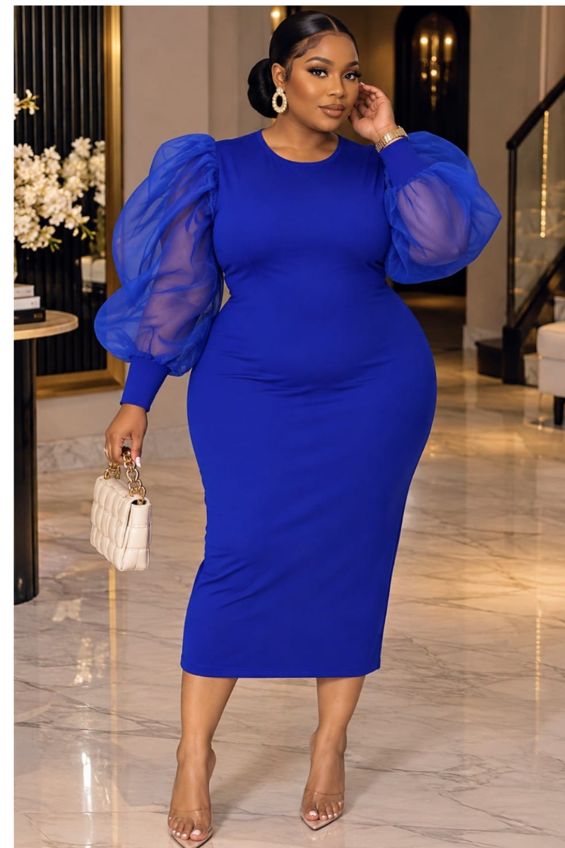 BEBE LUXE PUFF SLEEVE MIDI DRESS