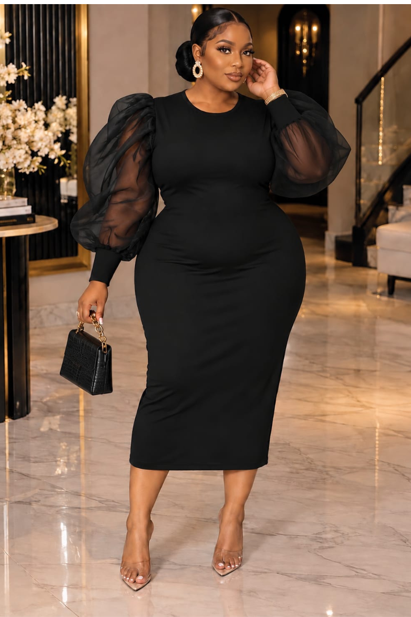 BEBE LUXE PUFF SLEEVE MIDI DRESS