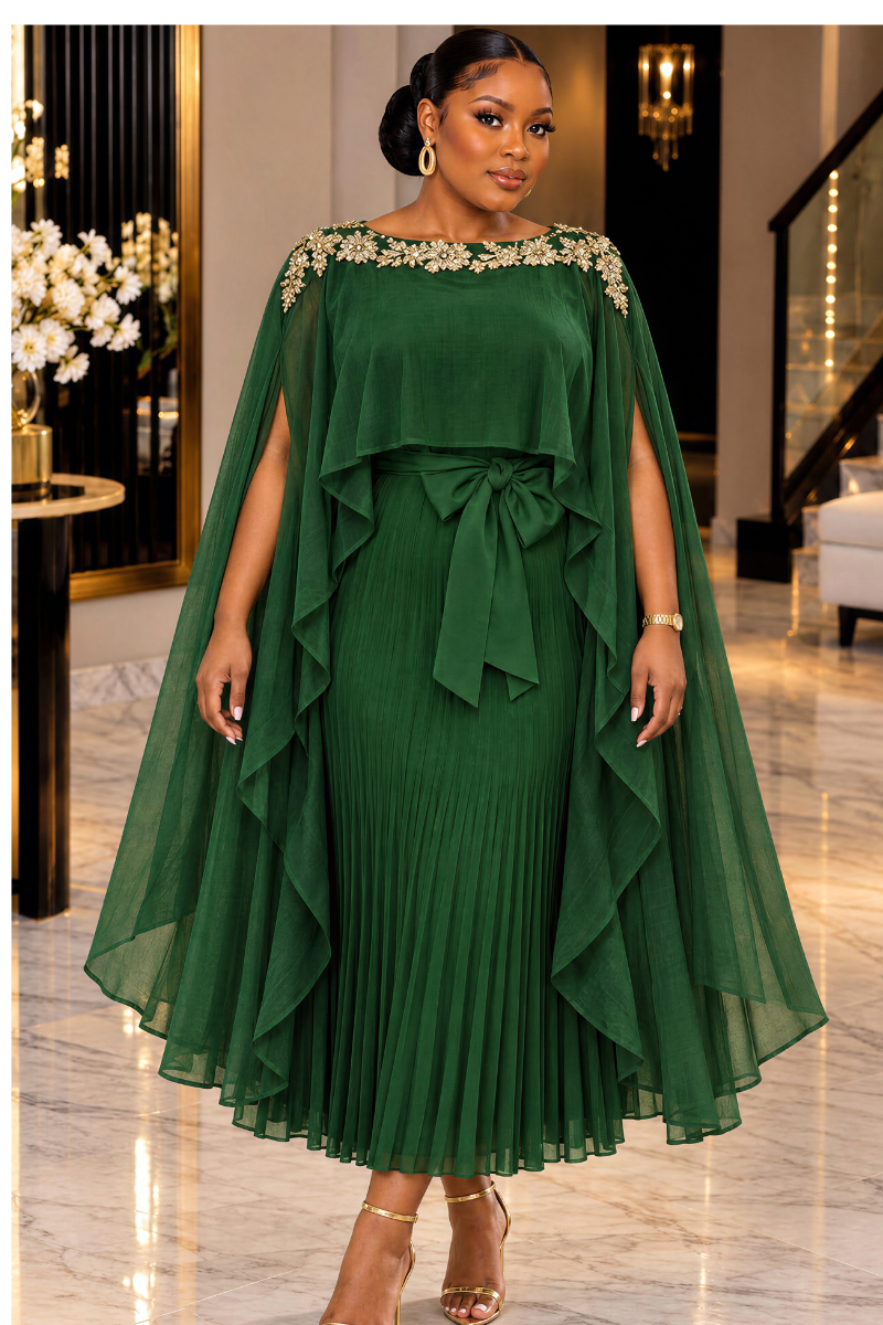 KADIATU LUXE CAPE PLEATED MAXI DRESS