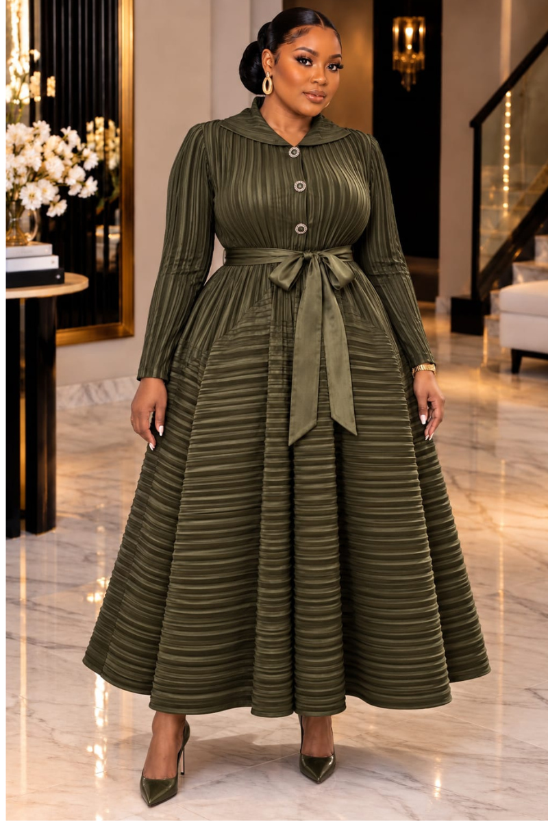 AISHA LUXE PLEATED BELTED MAXI DRESS