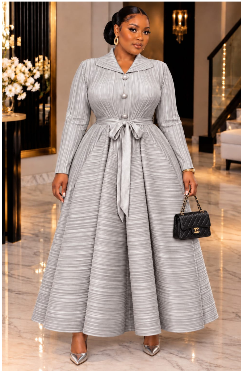 AISHA LUXE PLEATED BELTED MAXI DRESS