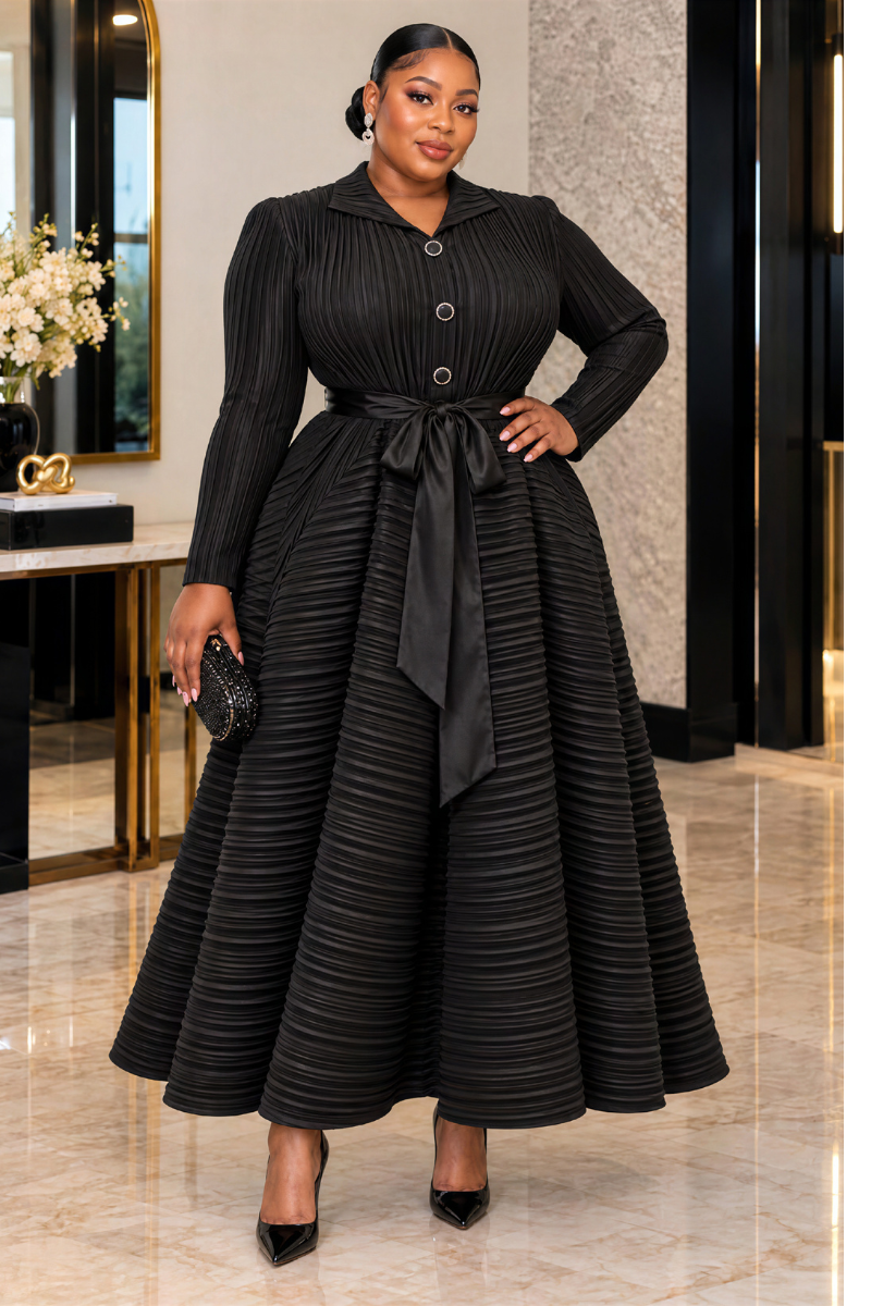 AISHA LUXE PLEATED BELTED MAXI DRESS