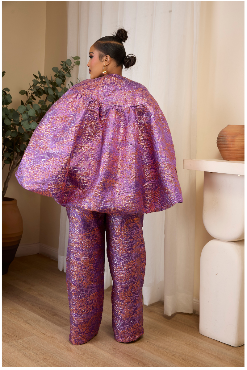 ADAEZE LUXE METALLIC CAPE TOP & WIDE-LEG PANT SET – SILVER & LILAC