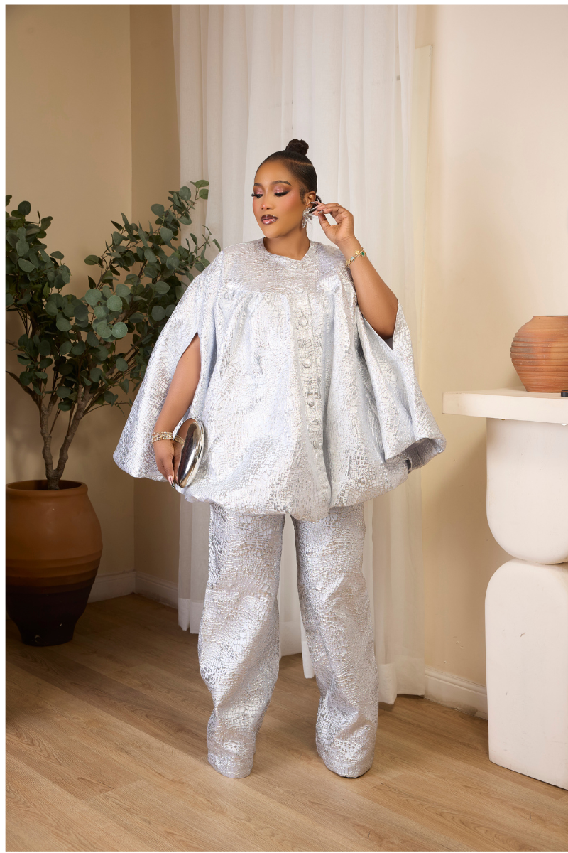 ADAEZE LUXE METALLIC CAPE TOP & WIDE-LEG PANT SET – SILVER & LILAC
