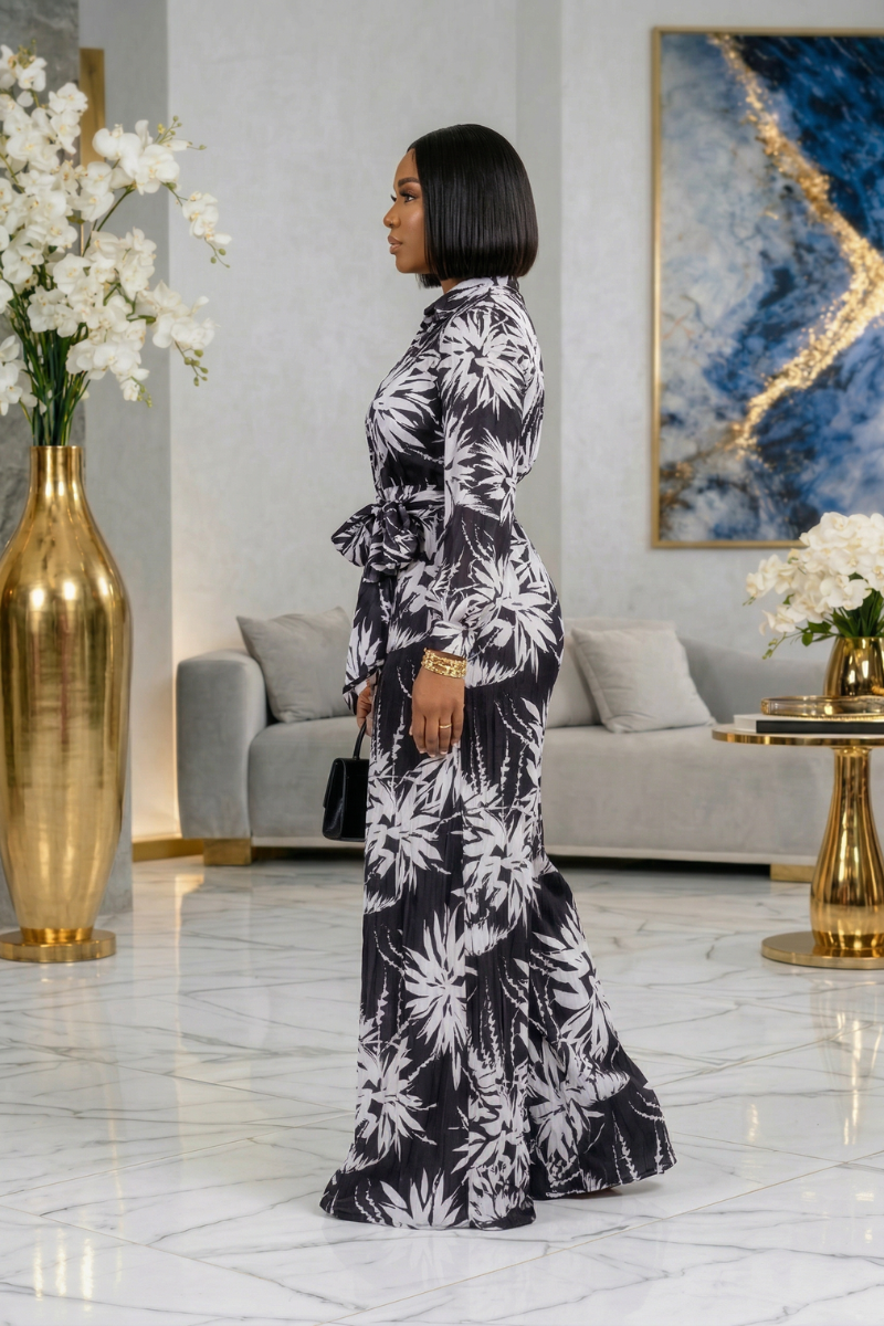 Elegant Black &amp; White Leaf Print Jumpsuit