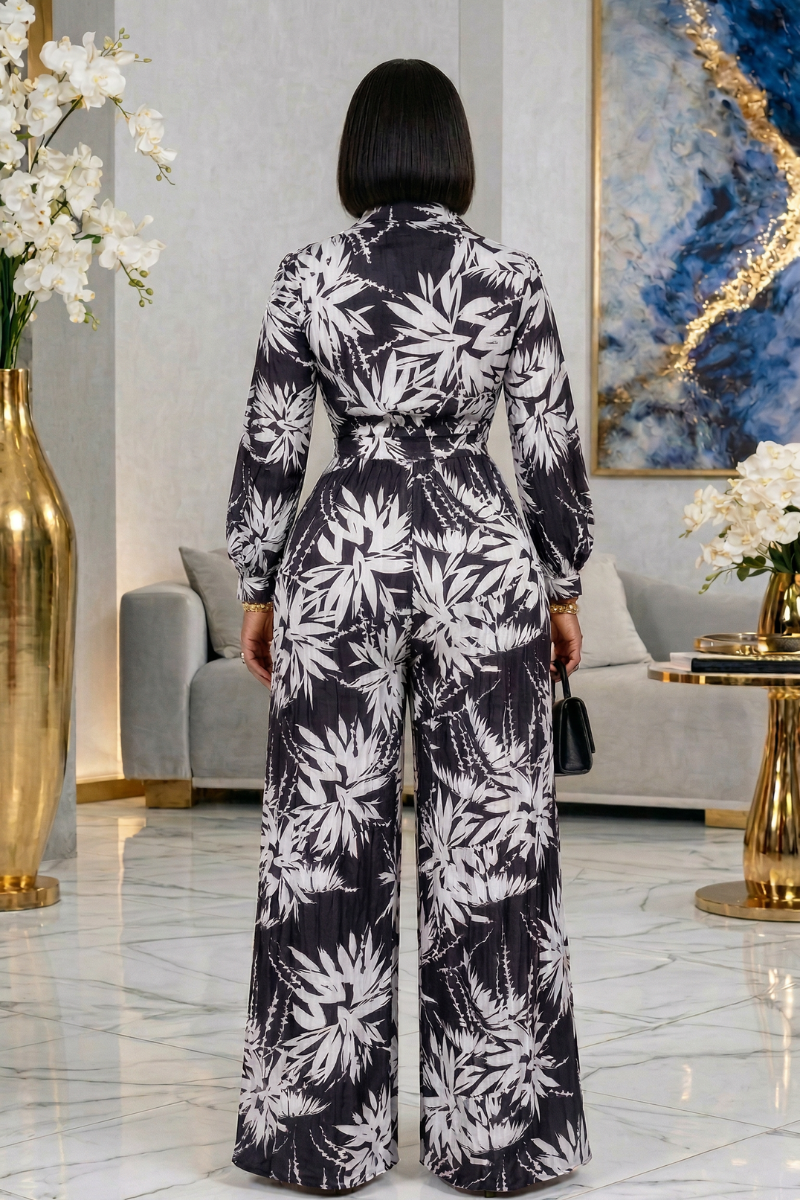 Elegant Black &amp; White Leaf Print Jumpsuit