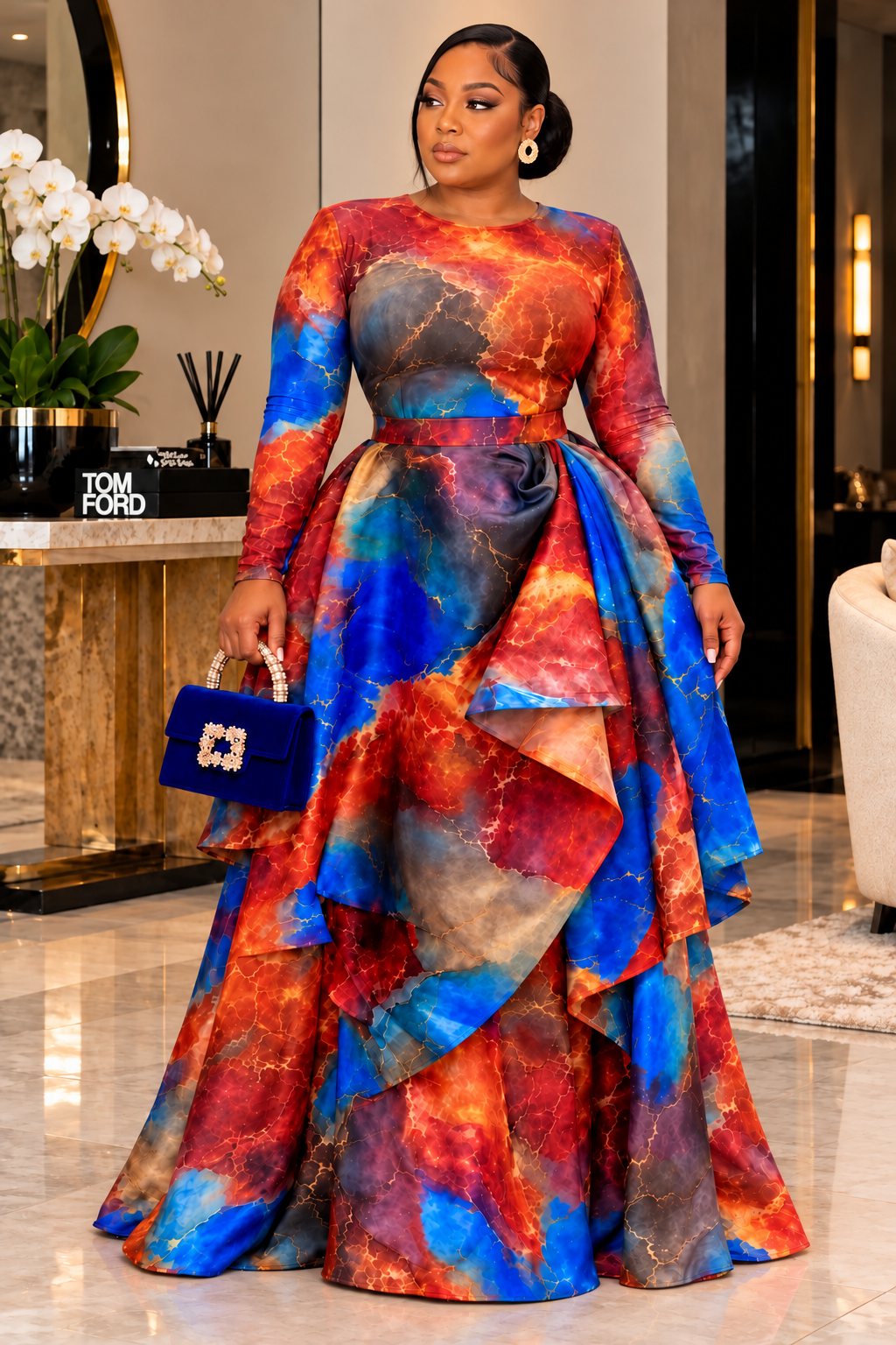 GENEVIEVE LUXE ABSTRACT RUFFLE SKIRT & TOP SET – ORANGE & PURPLE