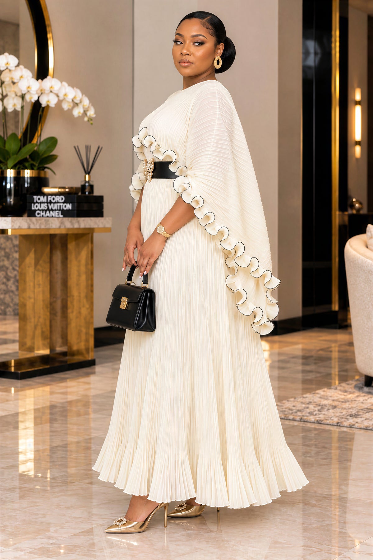 JOJO LUXE RUFFLE PLEATED MAXI DRESS