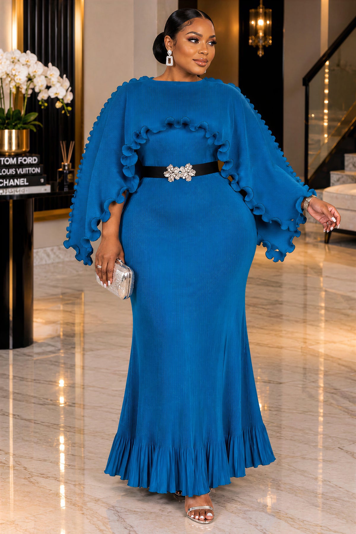 JOJO LUXE RUFFLE PLEATED MAXI DRESS