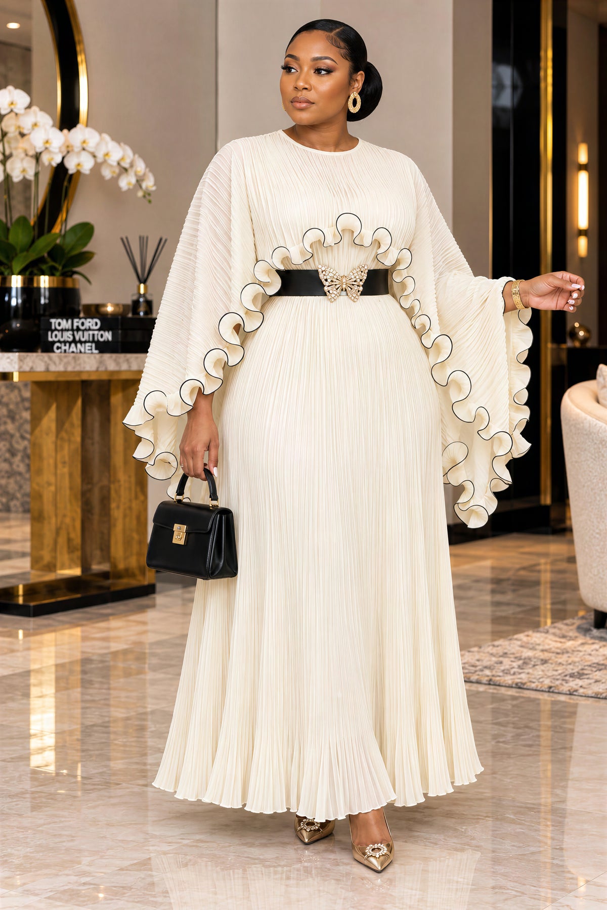 JOJO LUXE RUFFLE PLEATED MAXI DRESS